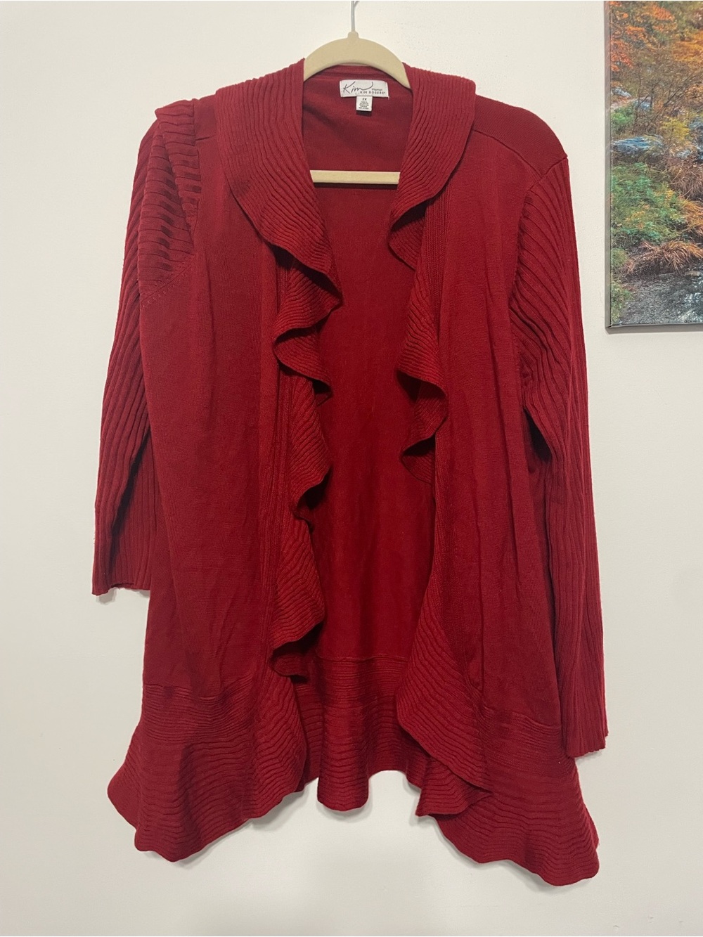 Kim rogers Red Ruffled Open-Front Sweater Cardigan size 2X